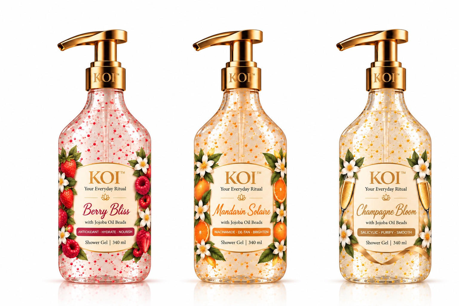Berry Bliss, Mandarin Solaire and Champagne Bloom shower gels