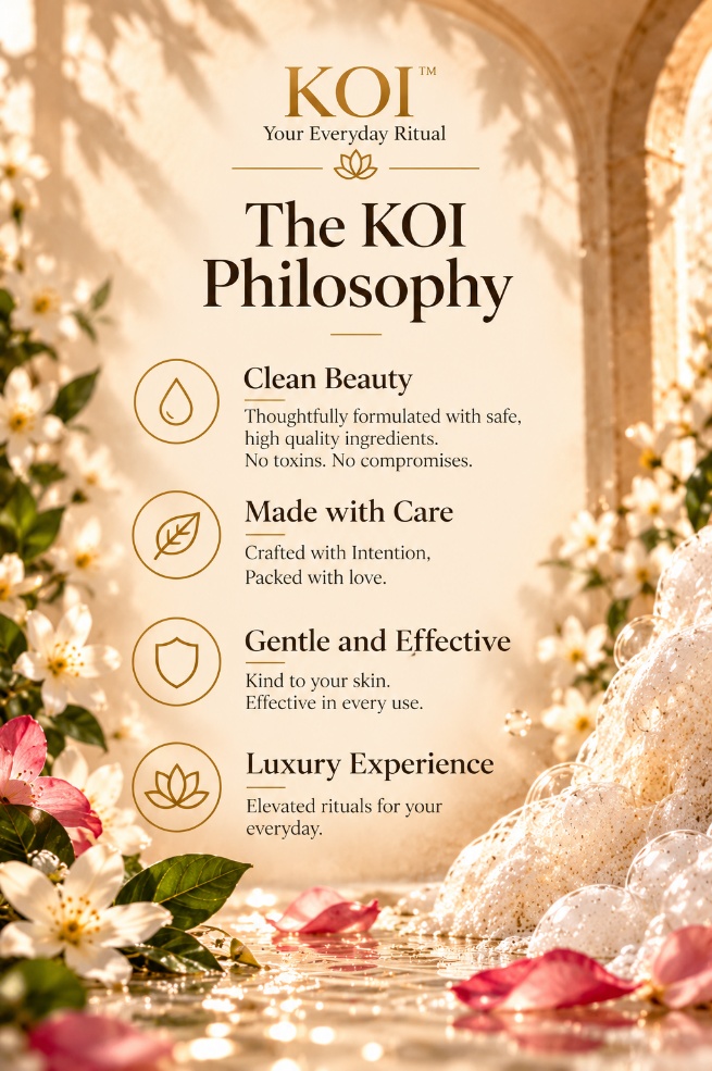 The KOI Philosophy — Clean Beauty, Made with Care, Gentle and Effective, Luxury Experience — among white blossoms, rose petals and soft foam